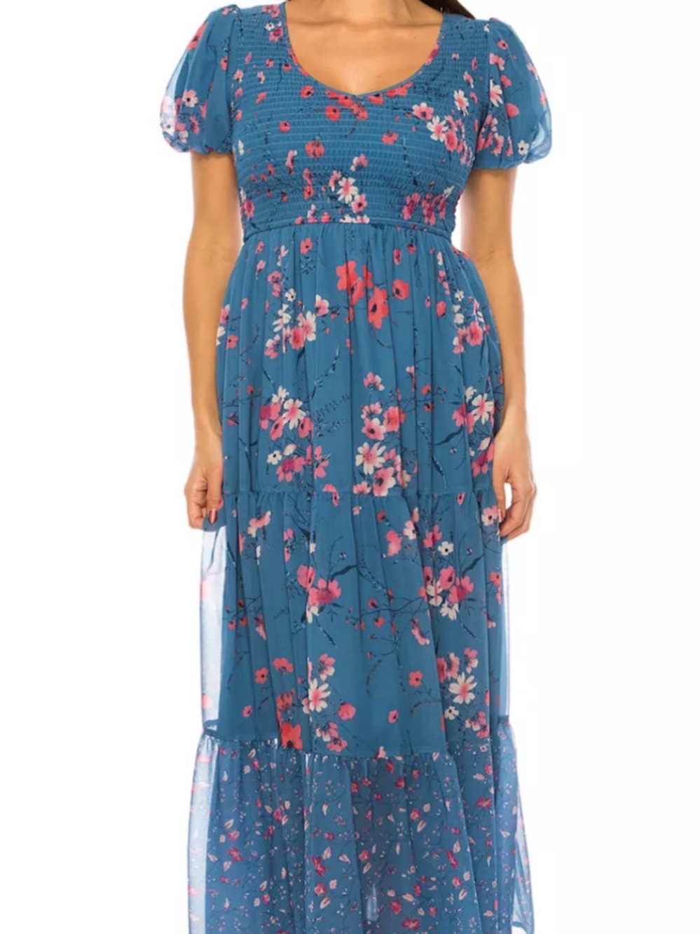 Blue Floral Midi Dress with Pink Blossom Print